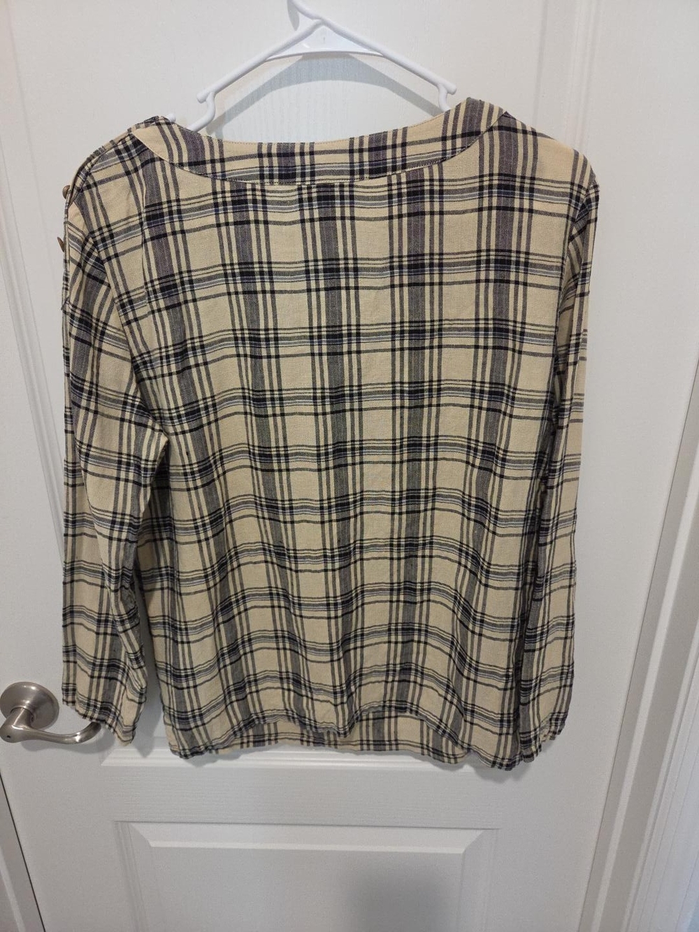 A.P.C. 100% Linen Plaid Babydoll Top Blouse Size M Button Shoulder